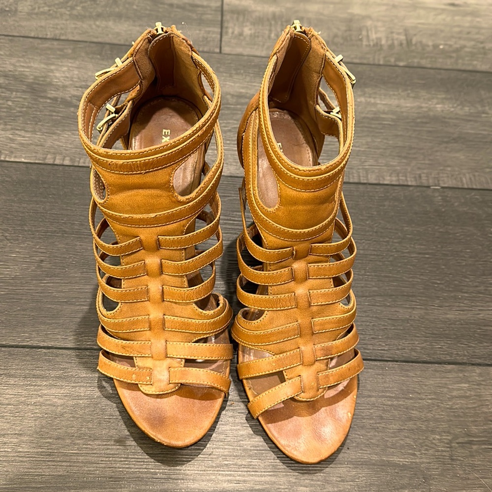 Express brown multi strapped wedges